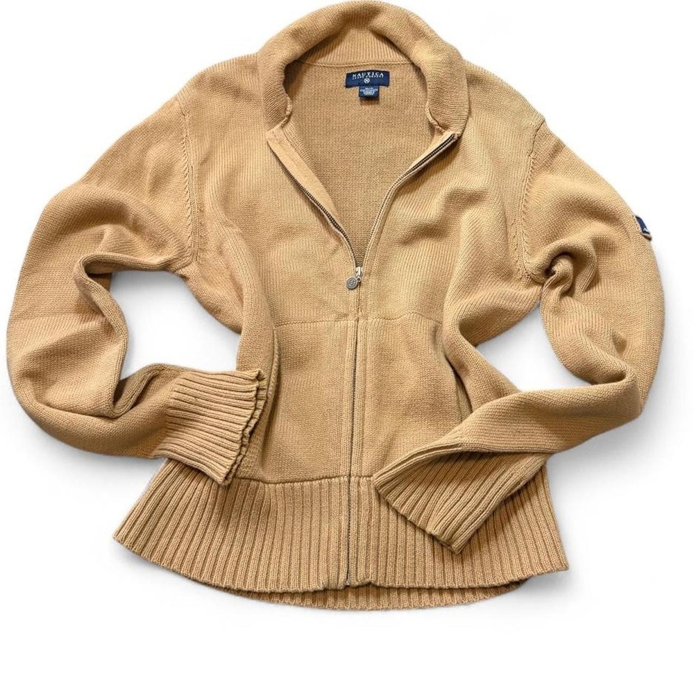 Vintage 90s Nautica Camel Full Zip Chunky Ribbed Cardigan Sweater, Women's Sz M
